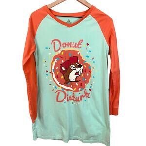 Buc-ees Donut Disturb Beaver Mascot Long Sleeve Raglan Shirt Orange Mint Sz S-M